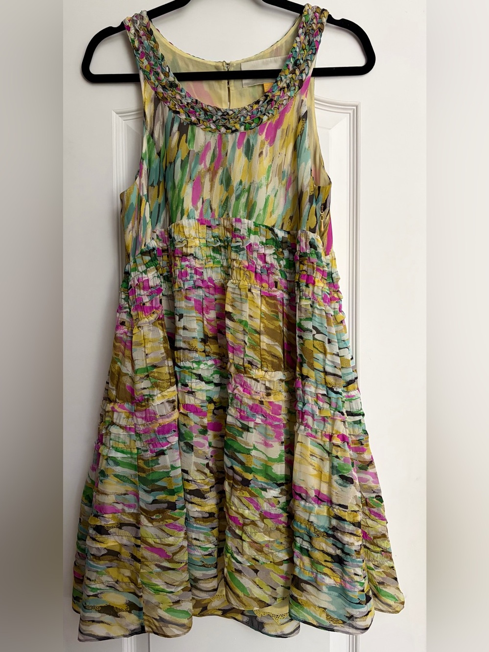 Leifsdottir Rainbow Confetti Silk Empire Waist Dress Sz 2 Boho Chic Artsy EUC